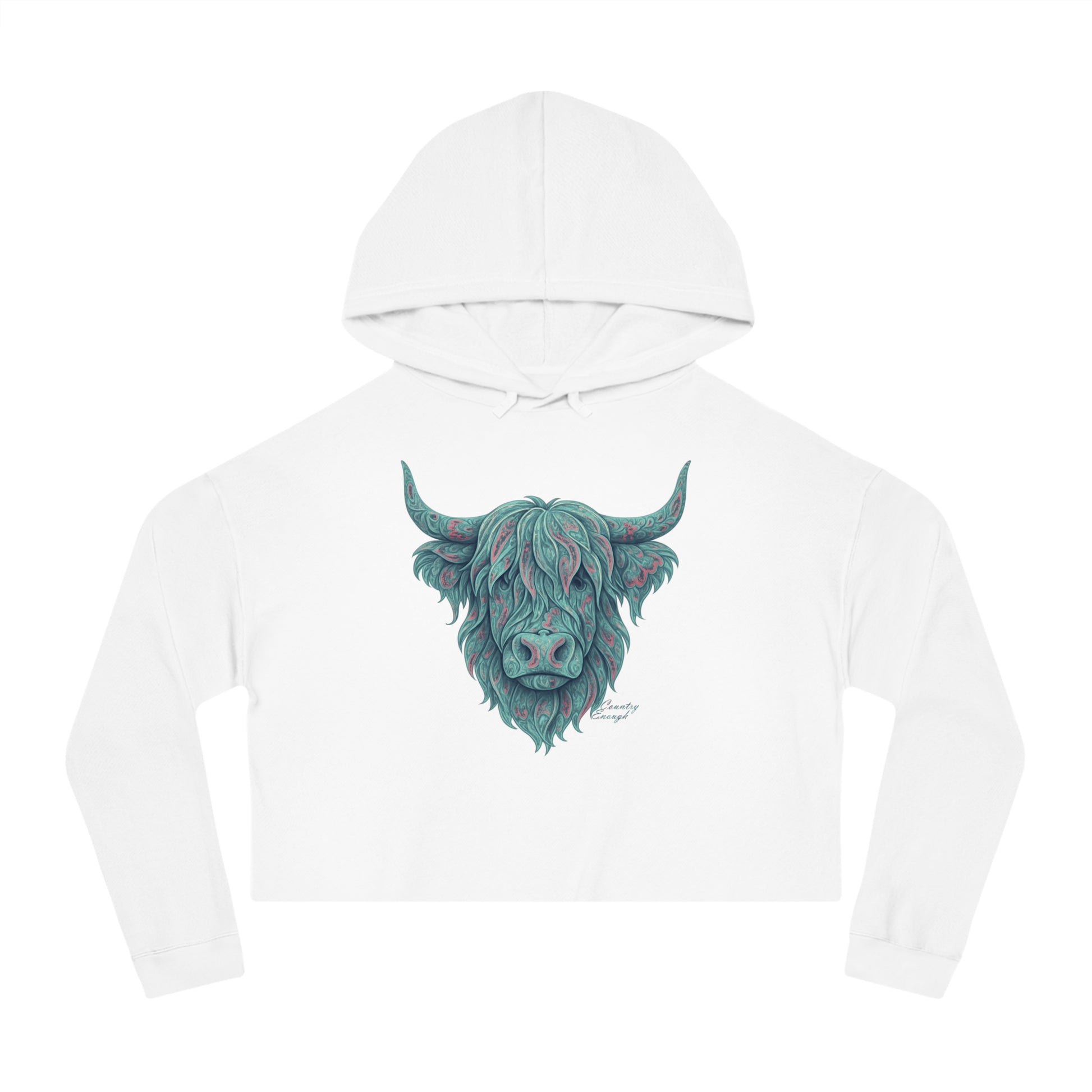White crop hoodie with a vibrant Paisley Highland Cow graphic #white