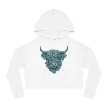 White crop hoodie with a vibrant Paisley Highland Cow graphic #white