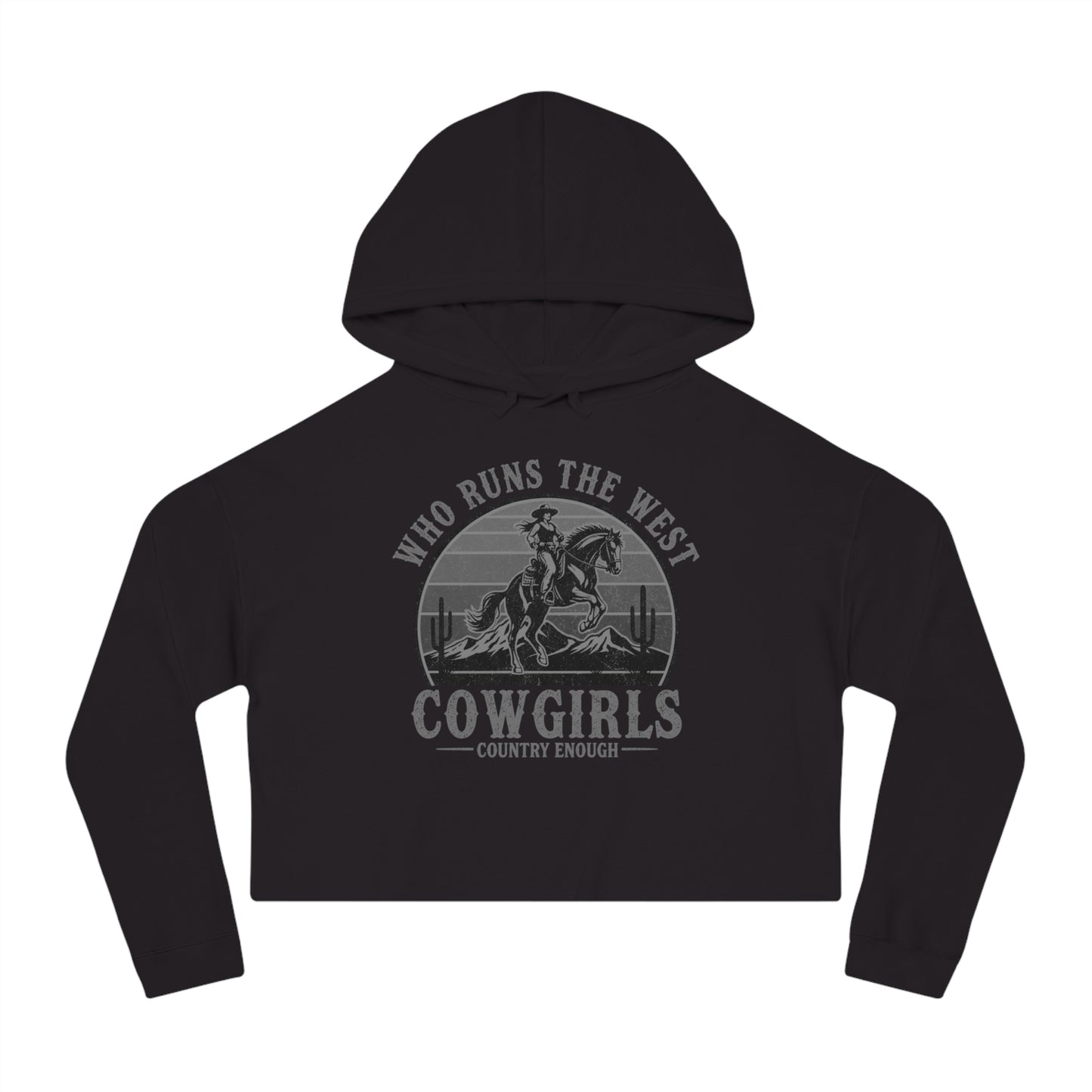 Black crop hoodie with graphic of a cowgirls on a bucking horse, cacti, mountains, and the words who runs the west cowgirls #black