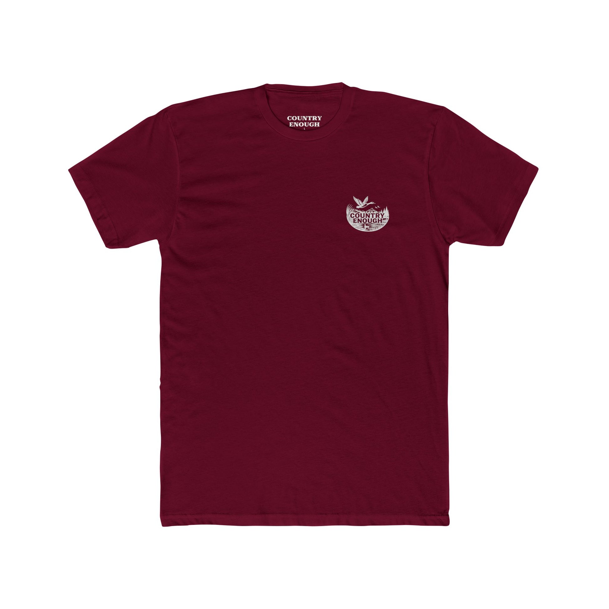 Cardinal Red t-shirt with graphic of a duck, mountains, pine trees, and a lake #cardinalred