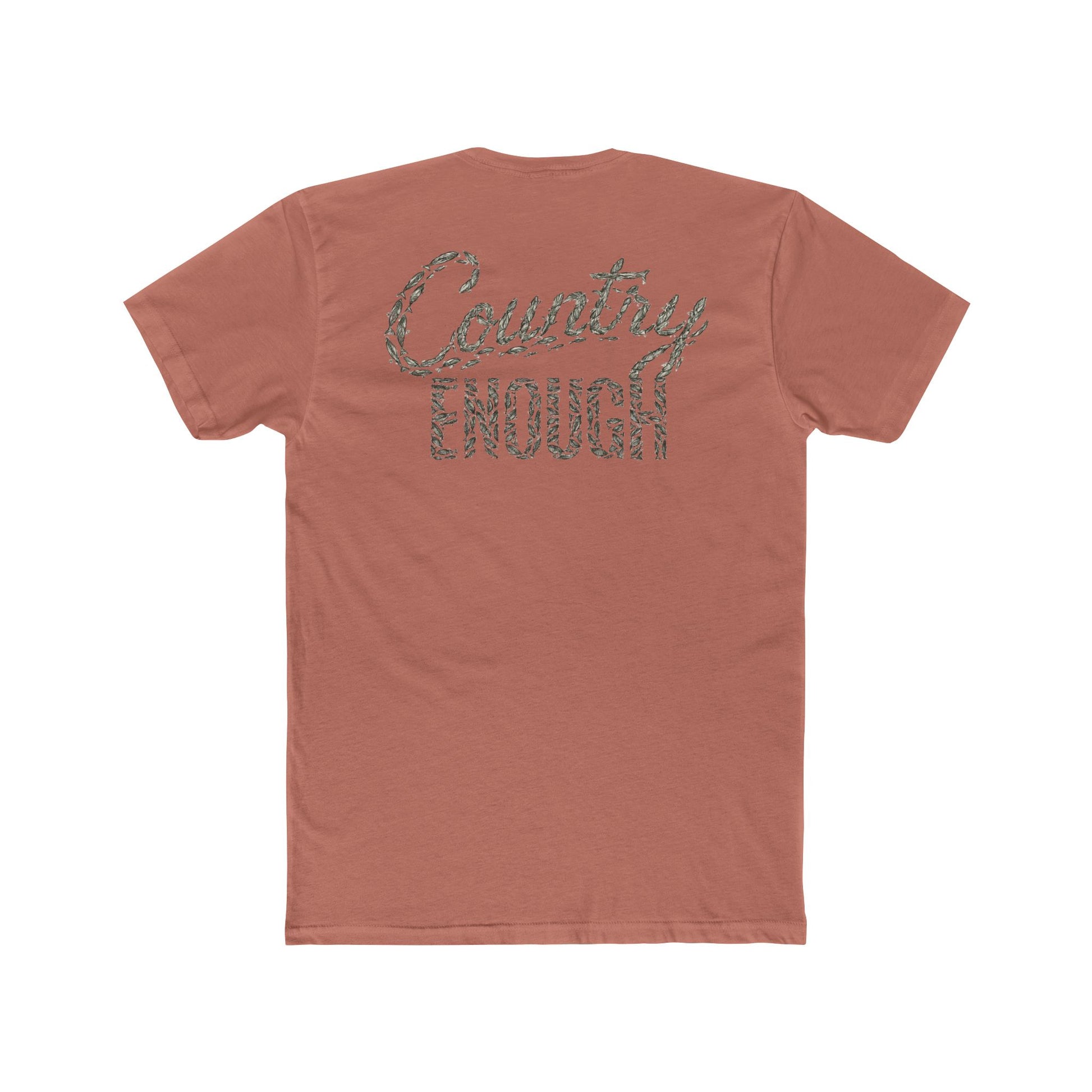 Desert Pink t-shirt with graphic of the words country enough shaped with fish #desertpink