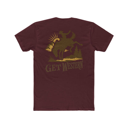 Maroon t-shirt with graphic of bronc rider over mountains and sun with the words get western #maroon