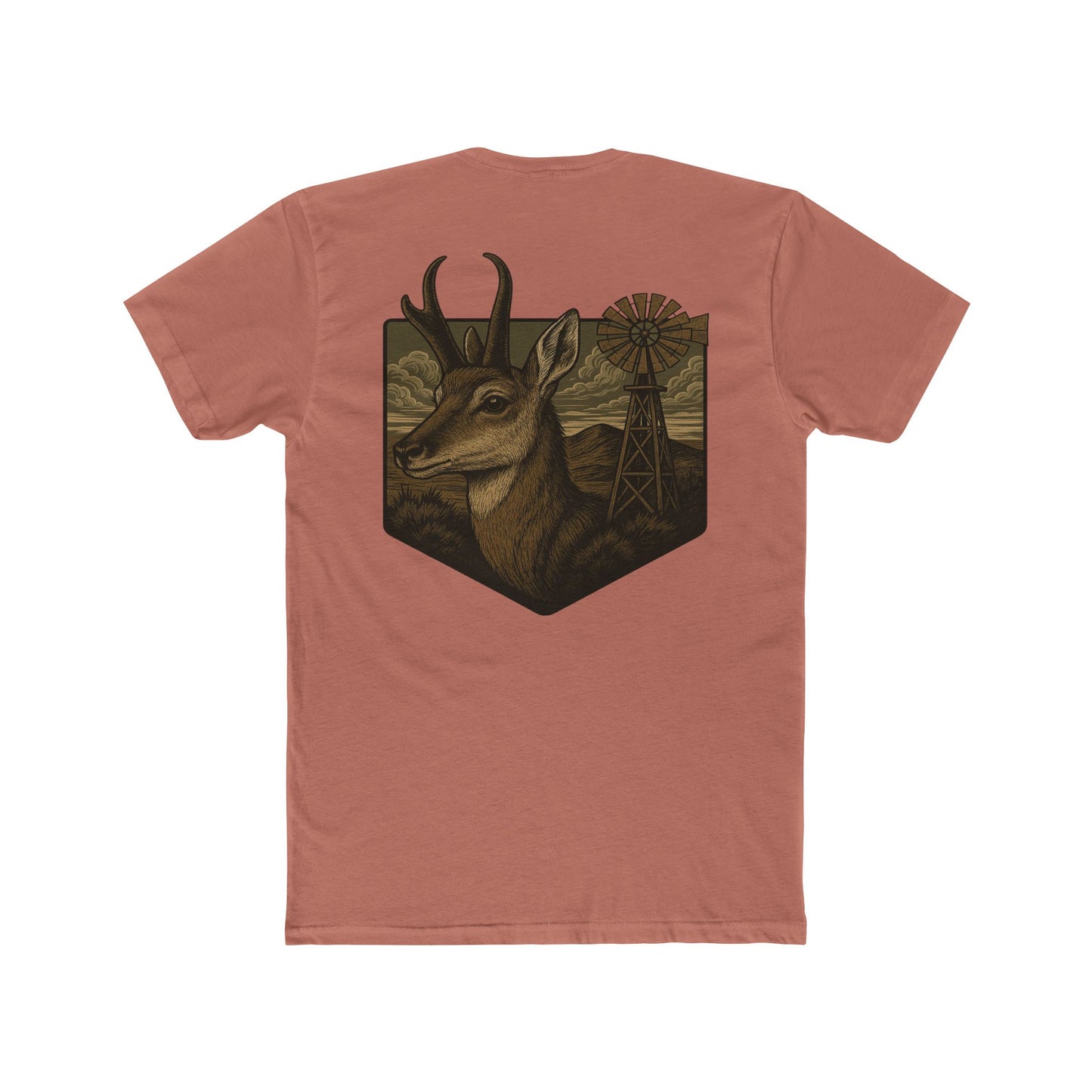 Desert Pink t-shirt with graphic of pronghorn and windmill over an open range #desertpink