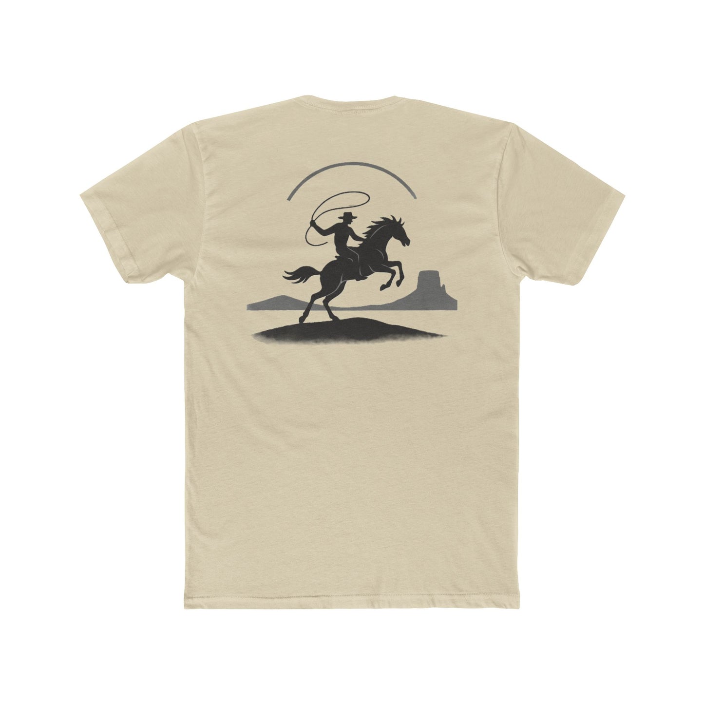 Cream t-shirt with graphic of silhouetted cowboy lassoing and desert landscape #cream