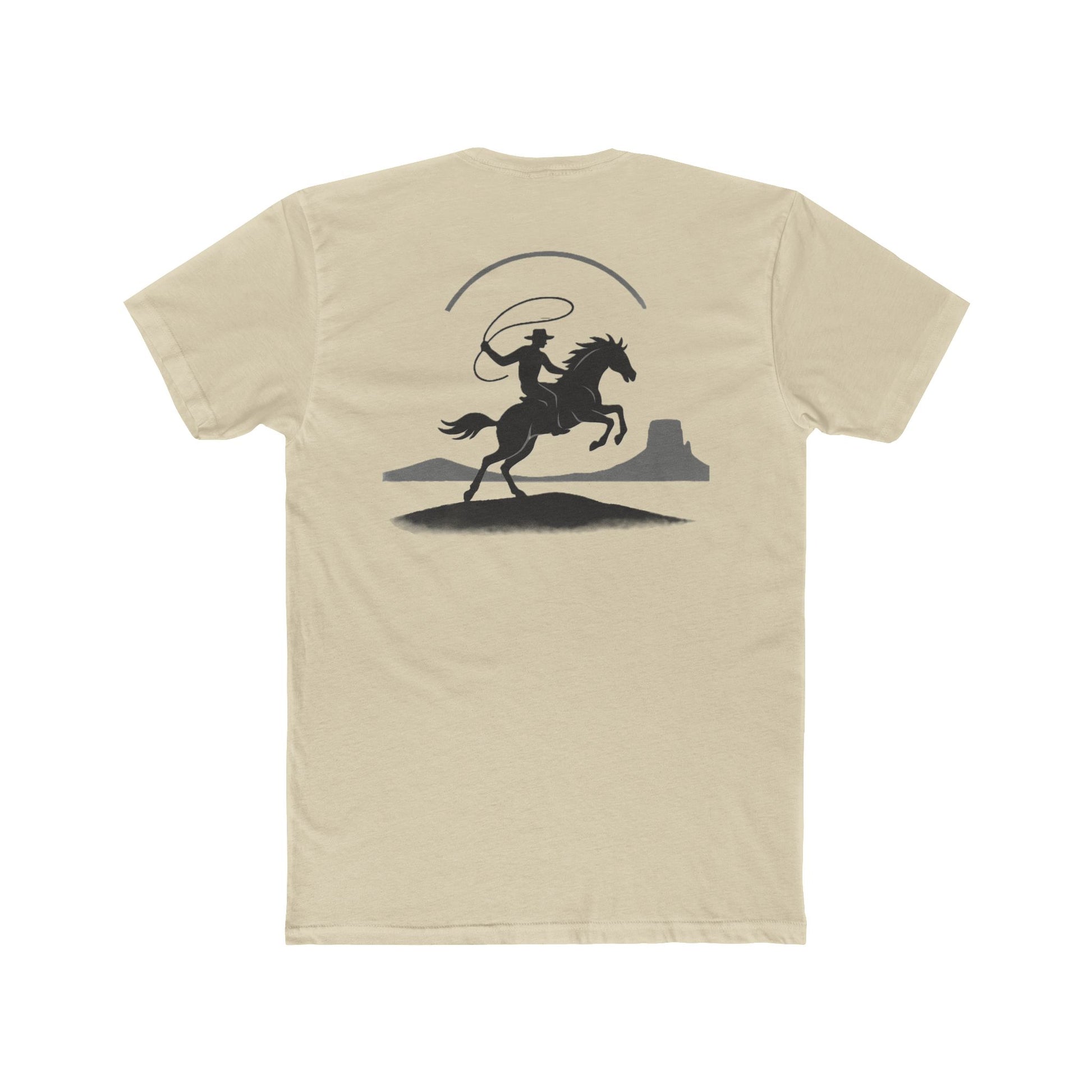 Cream t-shirt with graphic of silhouetted cowboy lassoing and desert landscape #cream