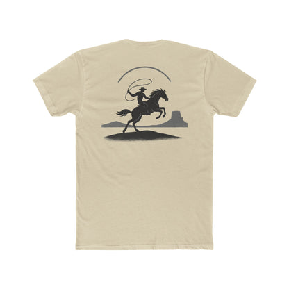 Cream t-shirt with graphic of silhouetted cowboy lassoing and desert landscape #cream