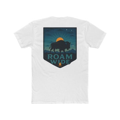 White T-Shirt with graphic of bison, sun, mountains, and the words roam wide #white
