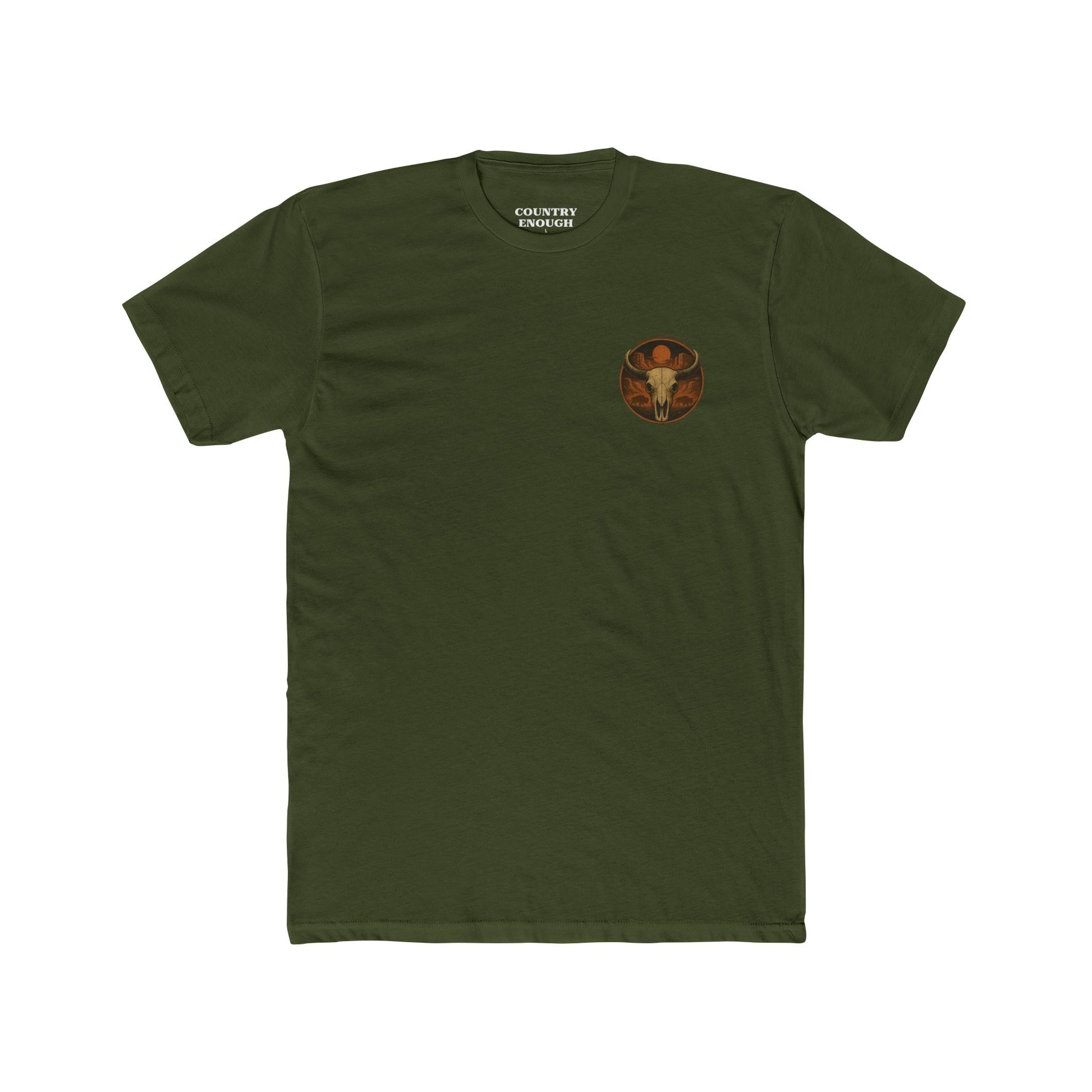 Military Green t-shirt with graphic of bison skull, bison silhouettes, valley landscape, and a sun #militarygreen