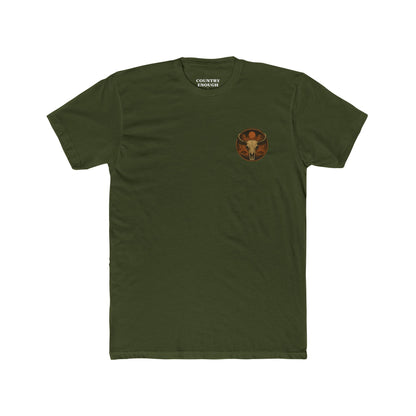 Military Green t-shirt with graphic of bison skull, bison silhouettes, valley landscape, and a sun #militarygreen