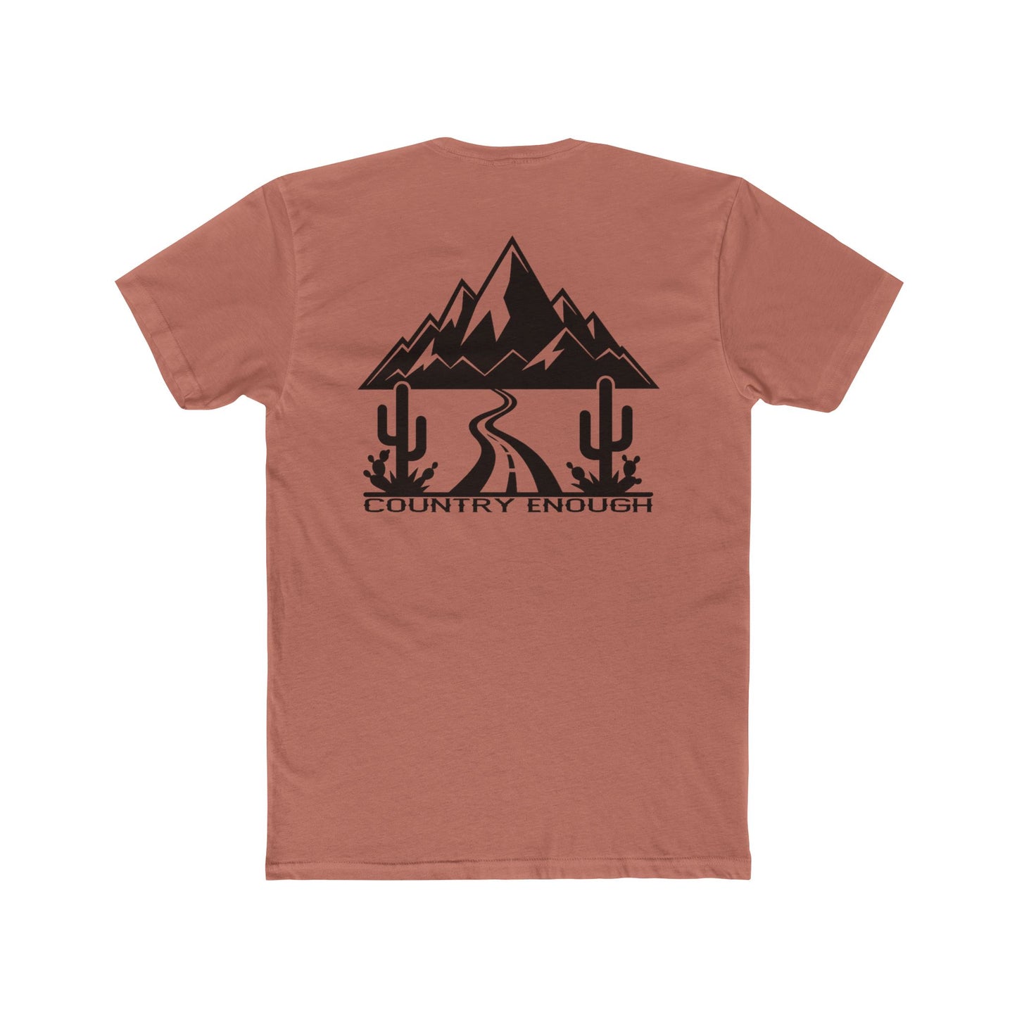 Desert Pink t-shirt with mountain peaks, an open road, and desert cacti graphic #desertpink