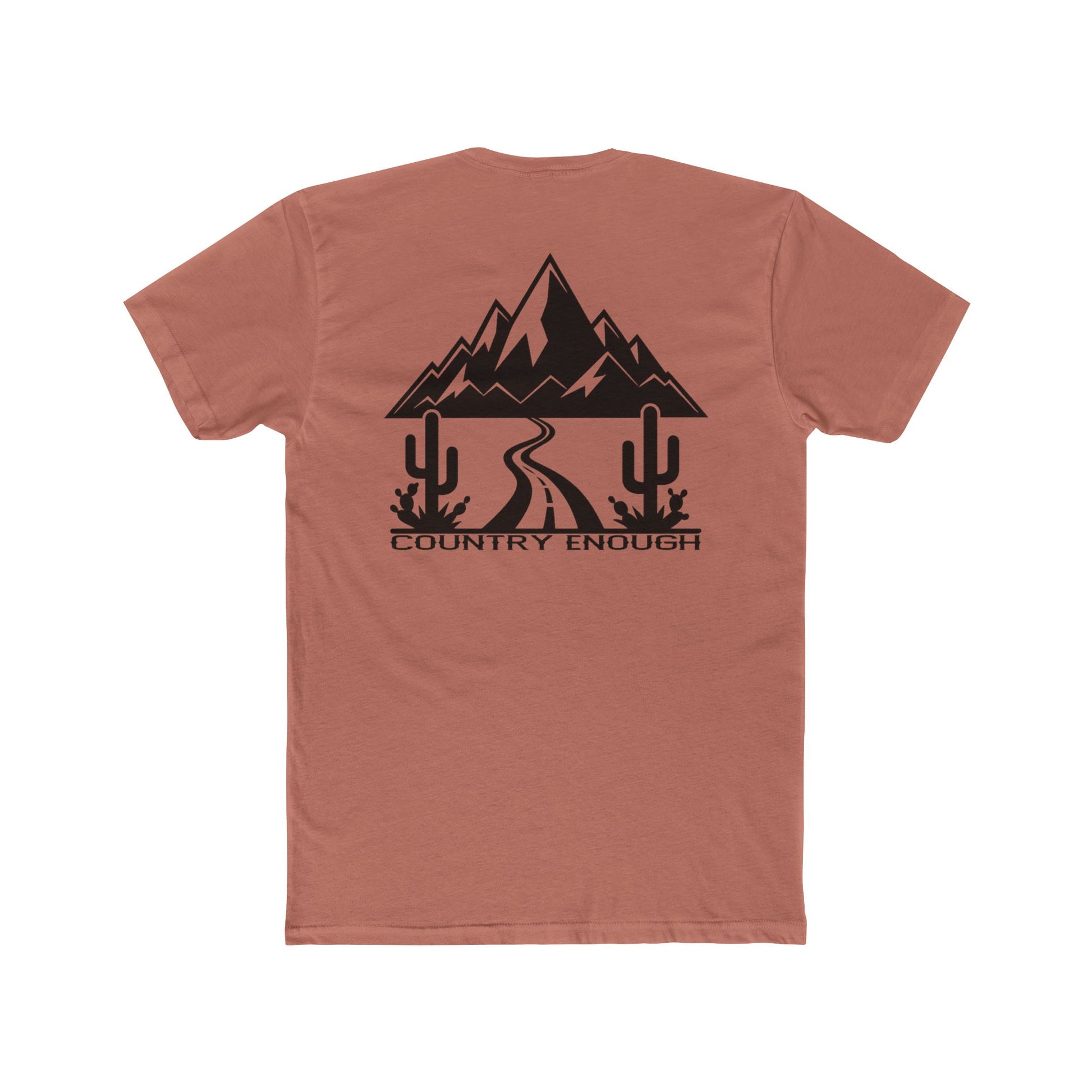 Desert Pink t-shirt with mountain peaks, an open road, and desert cacti graphic #desertpink