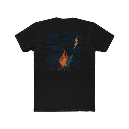 Black t-shirt with graphic of clouds, lightning, bird, a campfire, cacti in a desert landscape #black