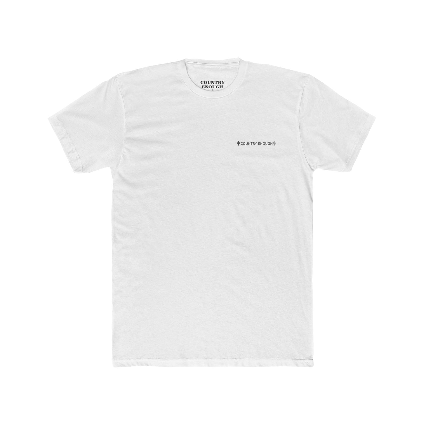 White t-shirt with graphic of a line mountain drawing, cacti and the words Country Enough #white