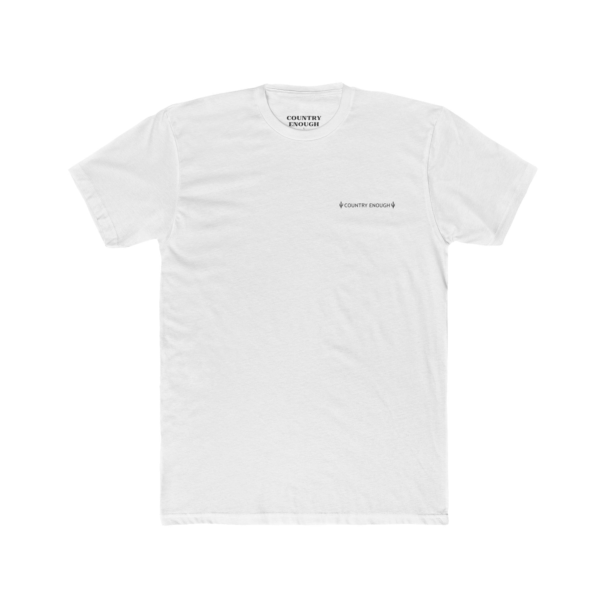 White t-shirt with graphic of a line mountain drawing, cacti and the words Country Enough #white