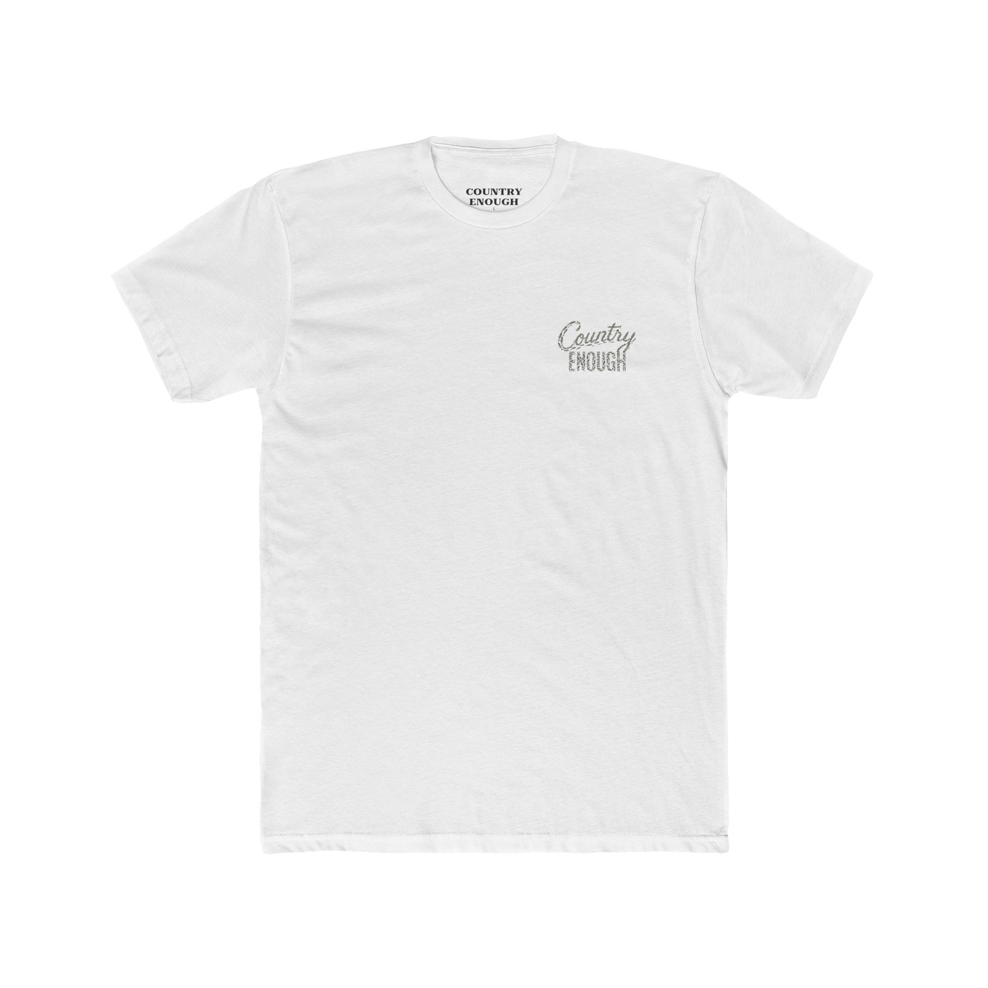 White t-shirt with graphic of the words country enough shaped with fish #white