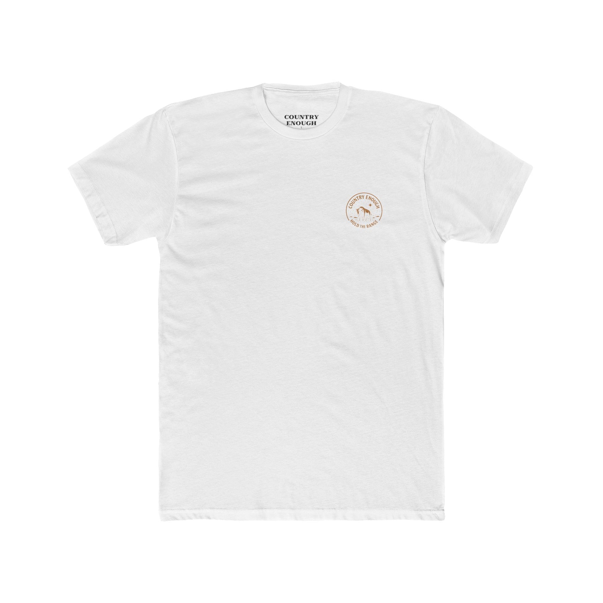 White T-Shirt with a bison, starry sky, and the words hold the range encompassed with a geometric border #white