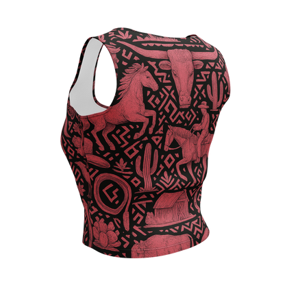 Pink and black all over print western graphic containing horses, cactus, horseshoes, coyotes, and more