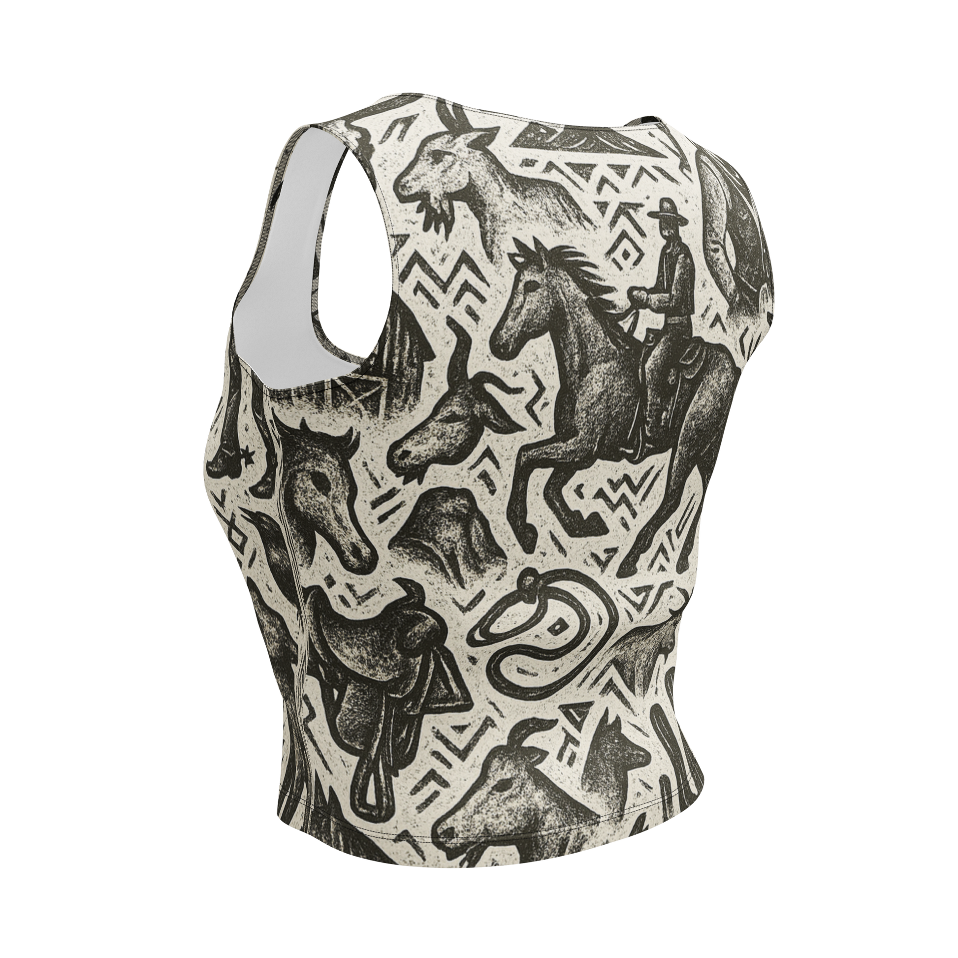 Beige and black all over print western graphic containing horses, cactus, horseshoes, coyotes, and more