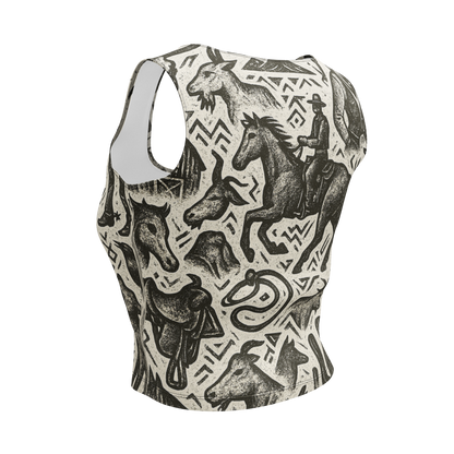 Beige and black all over print western graphic containing horses, cactus, horseshoes, coyotes, and more