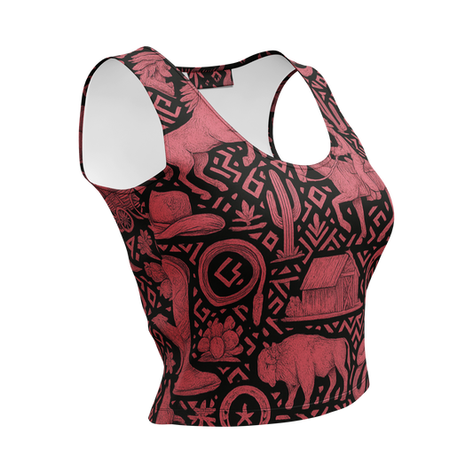 Pink and black all over print western graphic containing horses, cactus, horseshoes, coyotes, and more