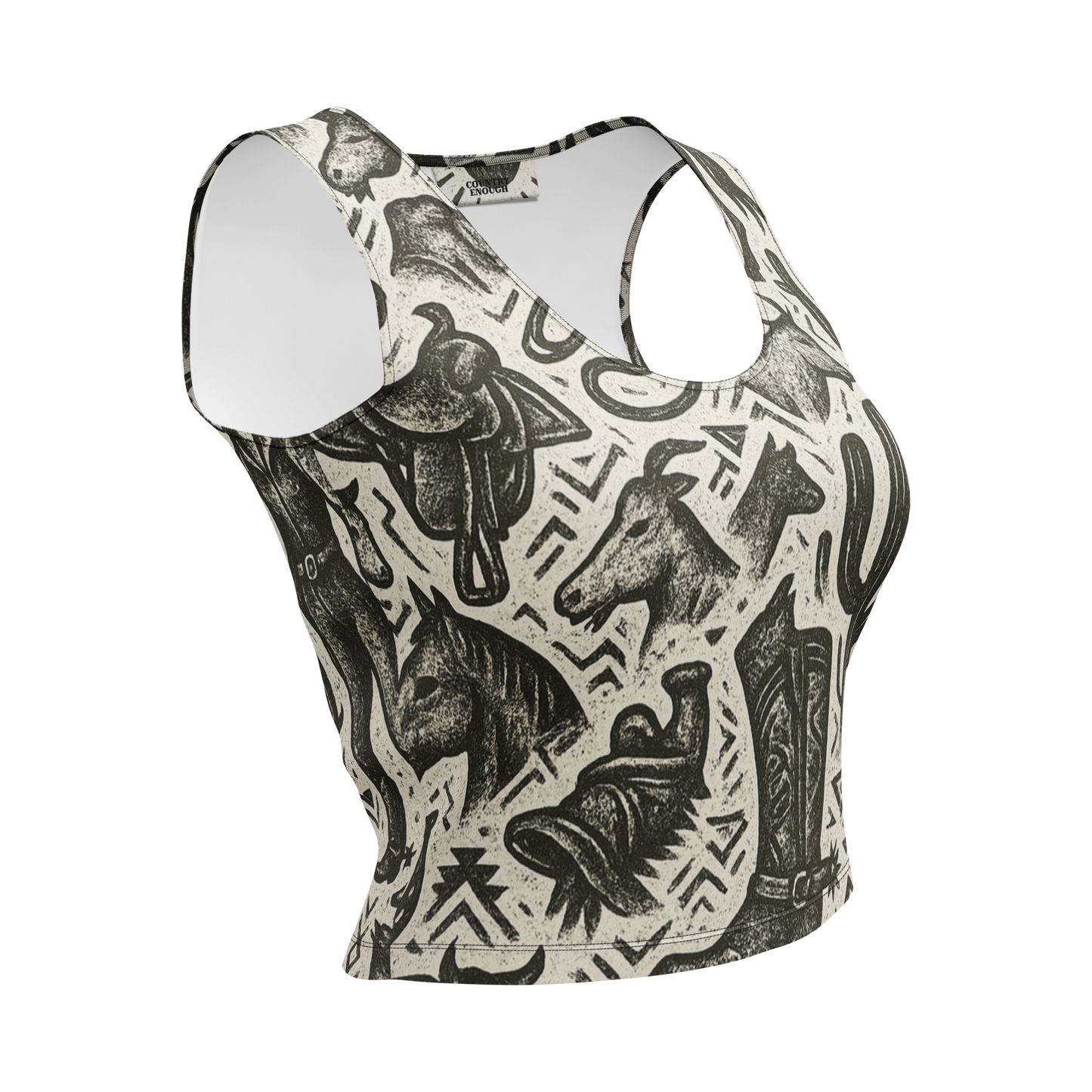 Beige and black all over print western graphic containing horses, cactus, horseshoes, coyotes, and more