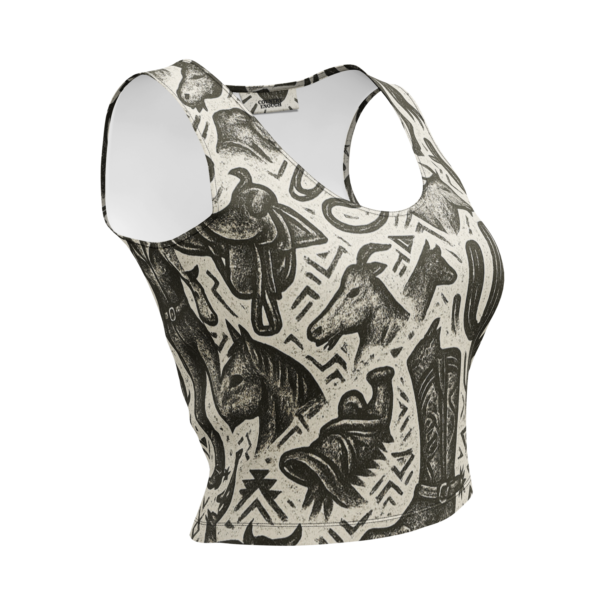 Beige and black all over print western graphic containing horses, cactus, horseshoes, coyotes, and more