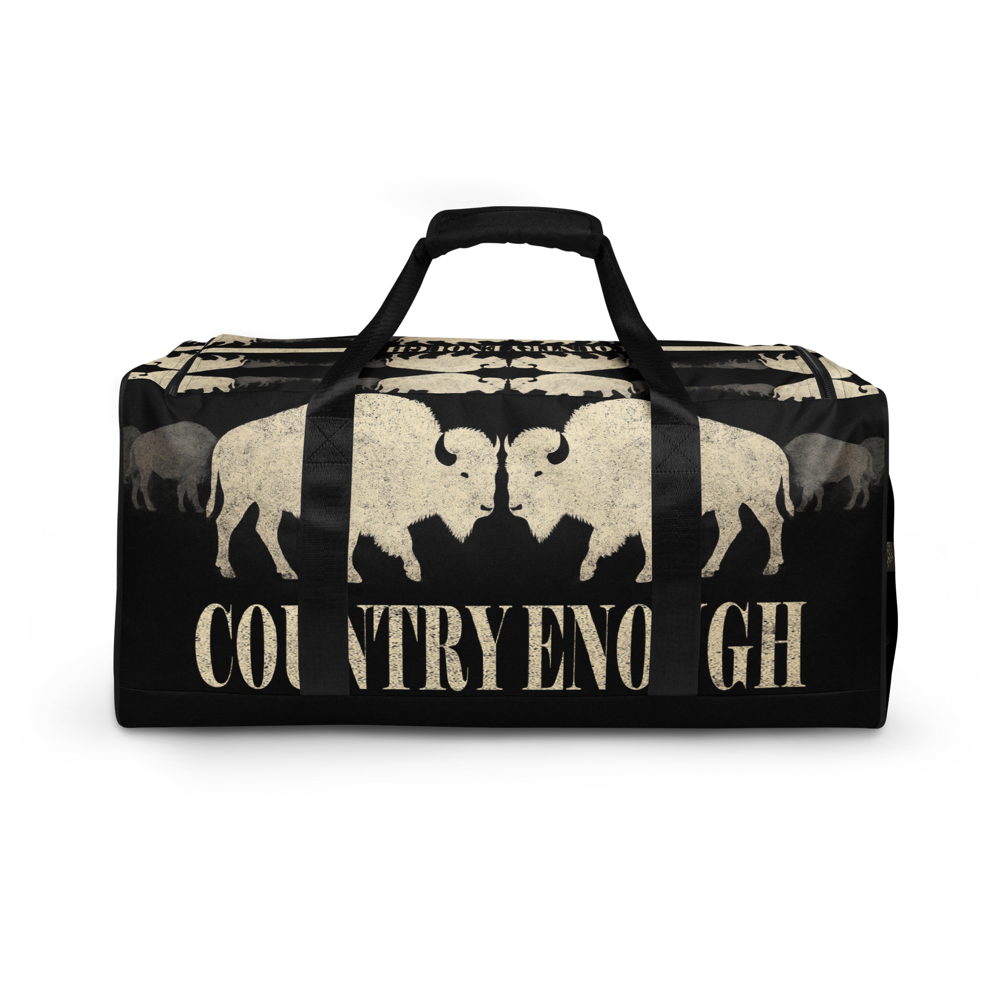 Duffel bag with graphic of mirrored bison and the words country enough #black