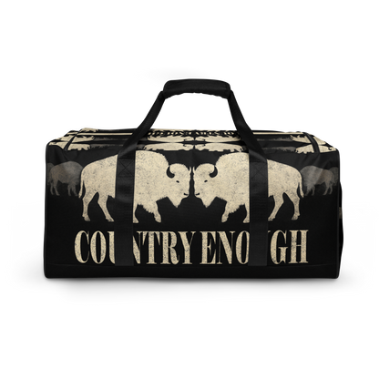 Duffel bag with graphic of mirrored bison and the words country enough #black