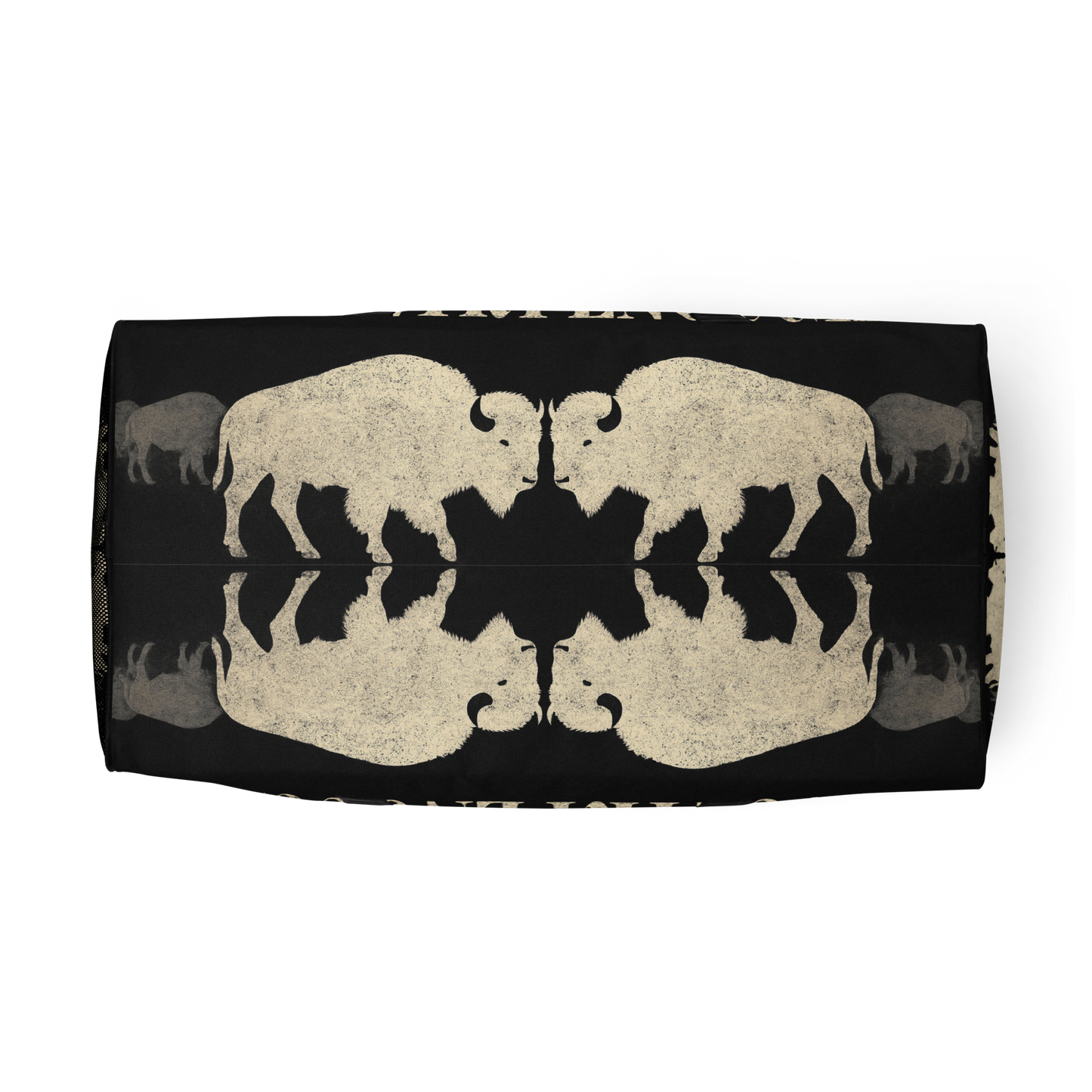Duffel bag with graphic of mirrored bison and the words country enough #black