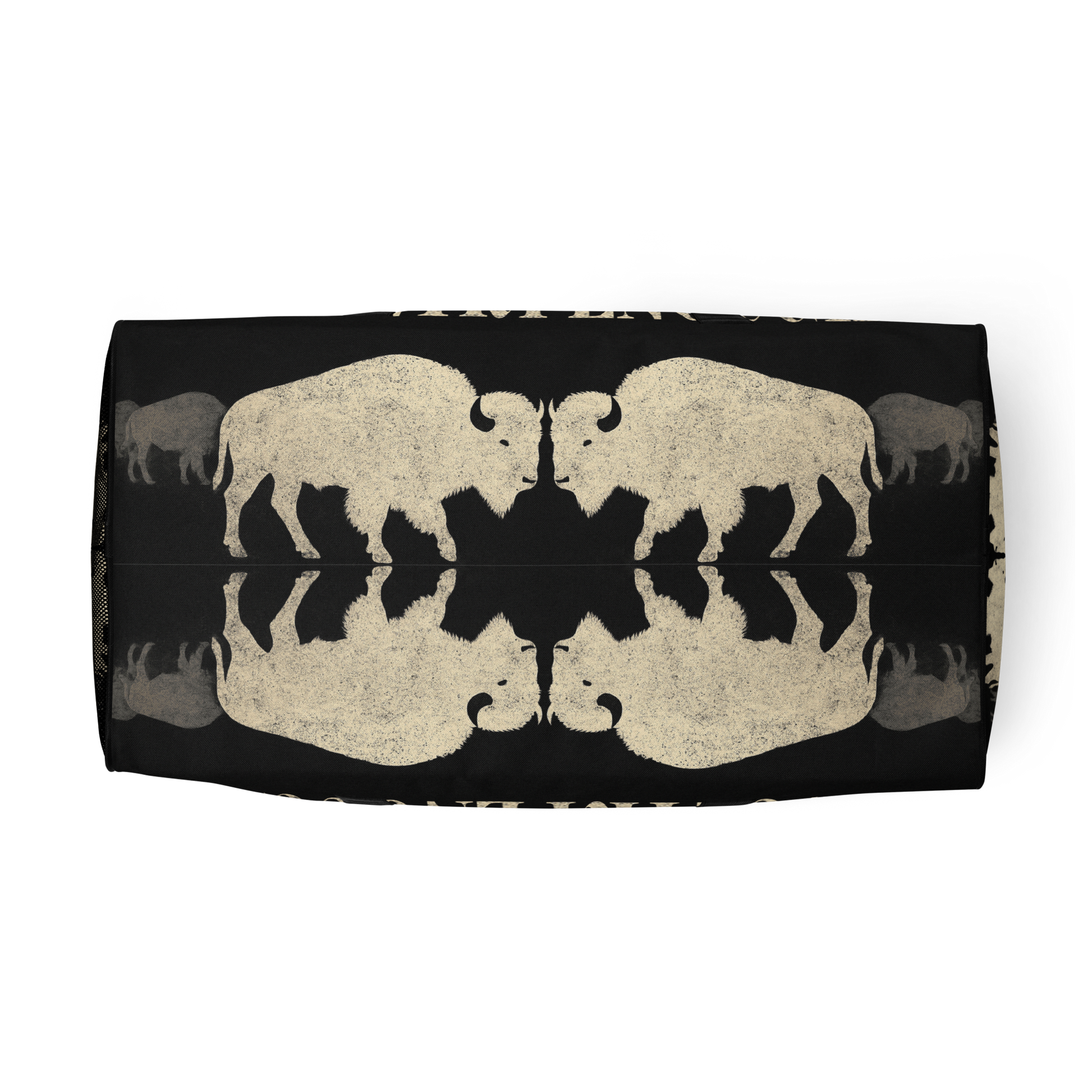 Duffel bag with graphic of mirrored bison and the words country enough #black