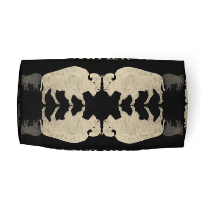 Duffel bag with graphic of mirrored bison and the words country enough #black