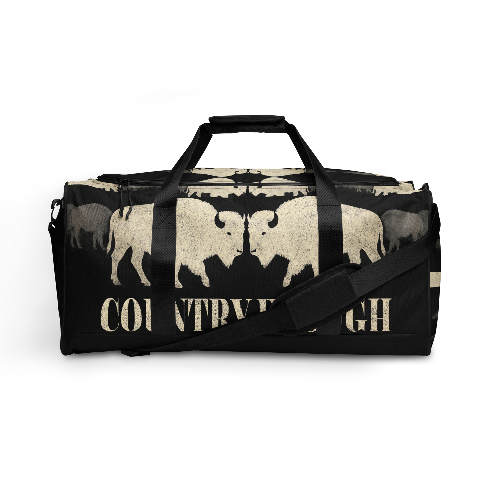 Duffel bag with graphic of mirrored bison and the words country enough #black