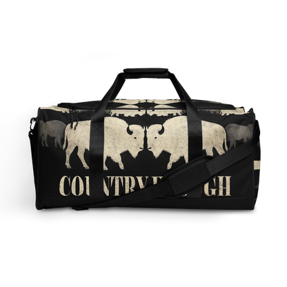 Duffel bag with graphic of mirrored bison and the words country enough #black