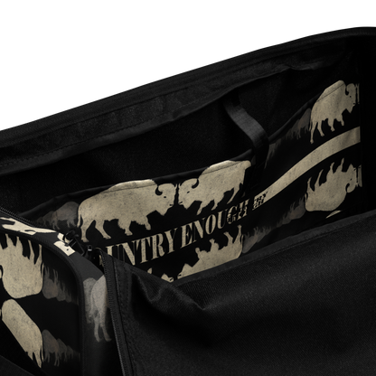 Duffel bag with graphic of mirrored bison and the words country enough #black