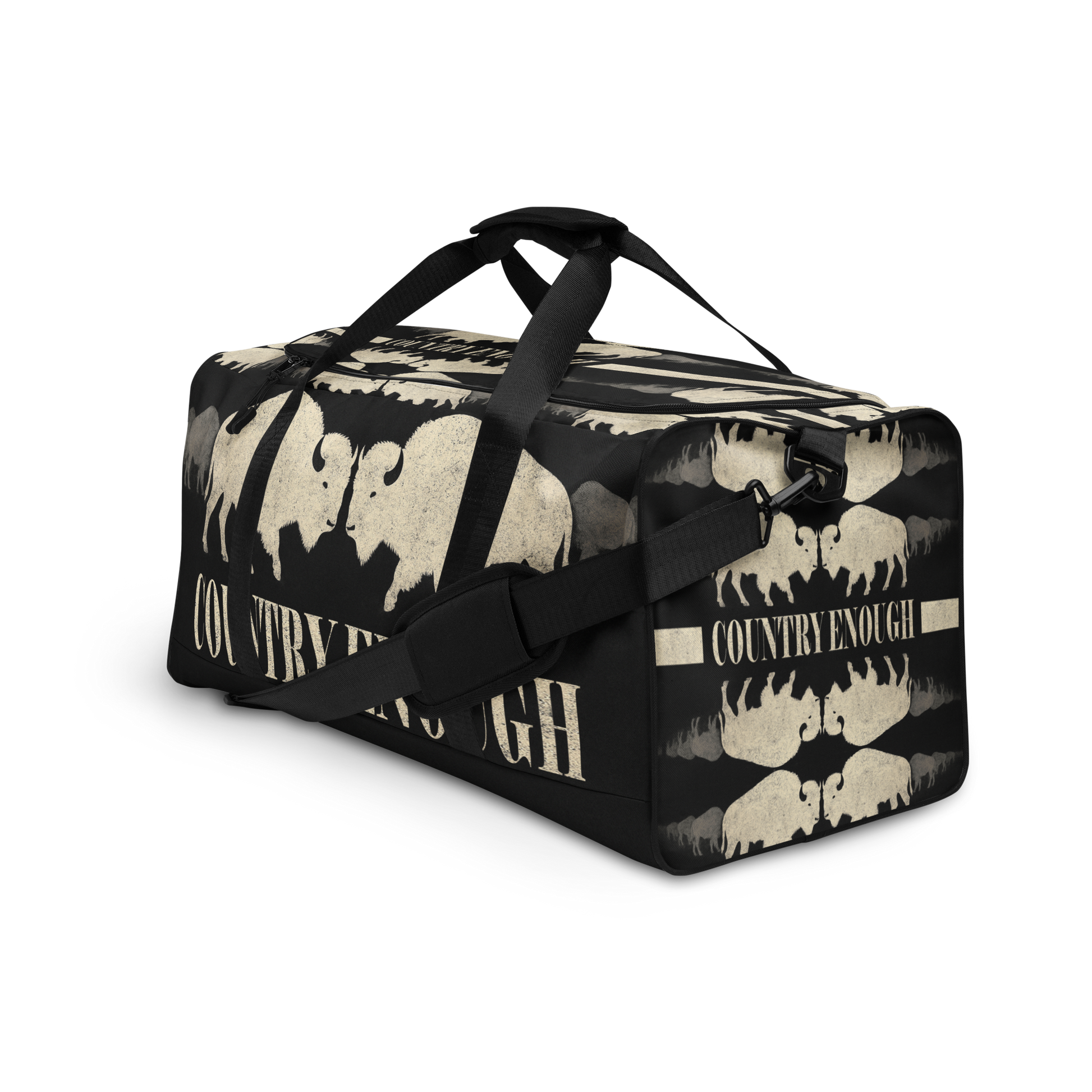 Duffel bag with graphic of mirrored bison and the words country enough #black