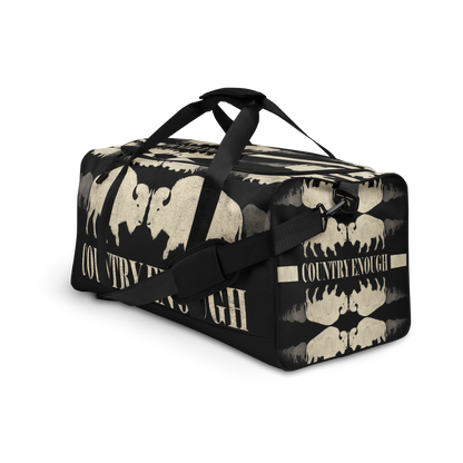 Duffel bag with graphic of mirrored bison and the words country enough #black
