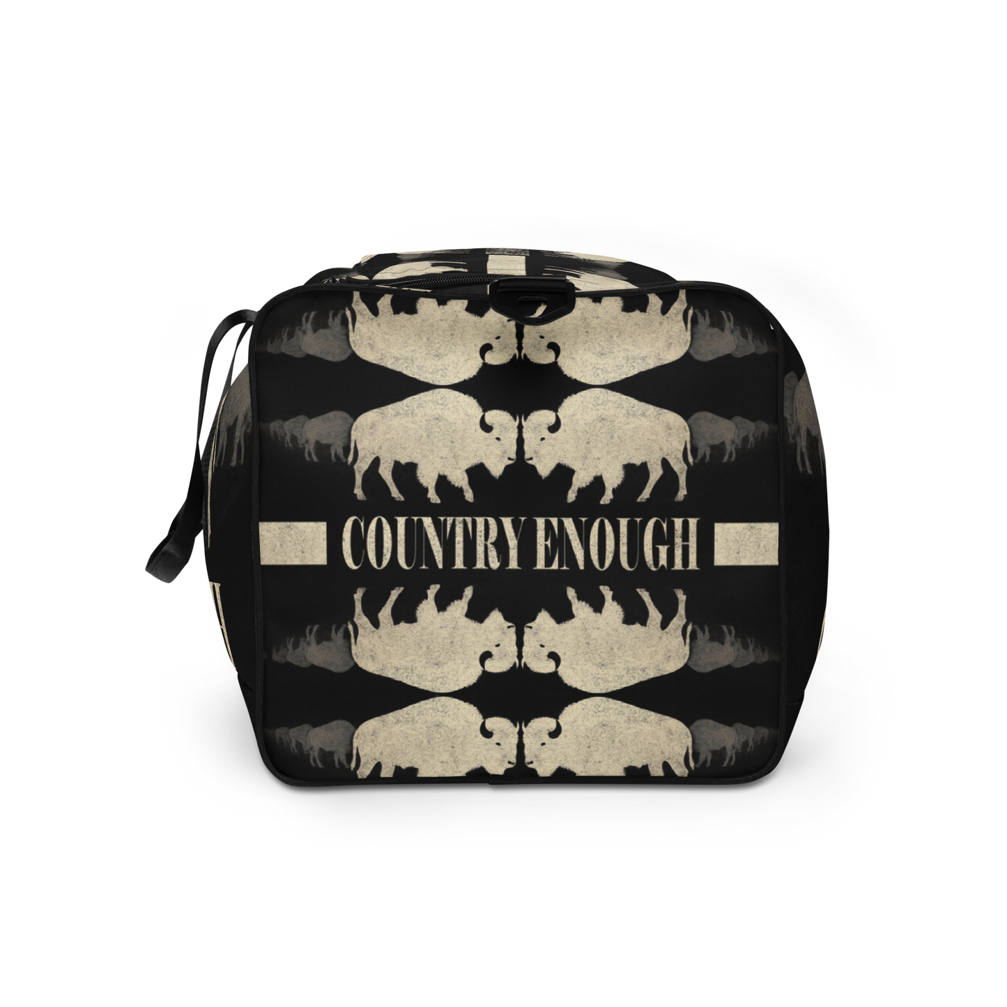 Duffel bag with graphic of mirrored bison and the words country enough #black