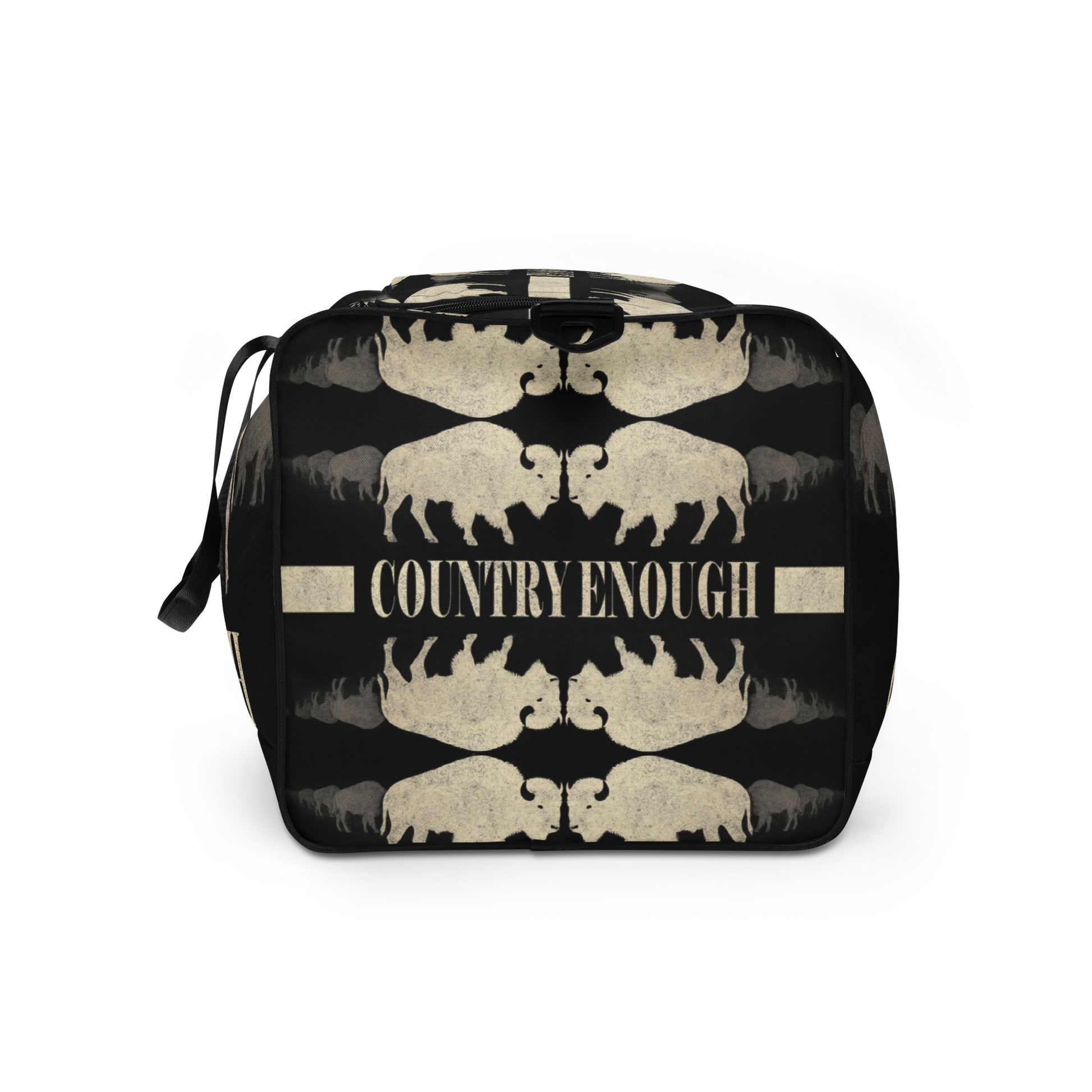 Duffel bag with graphic of mirrored bison and the words country enough #black