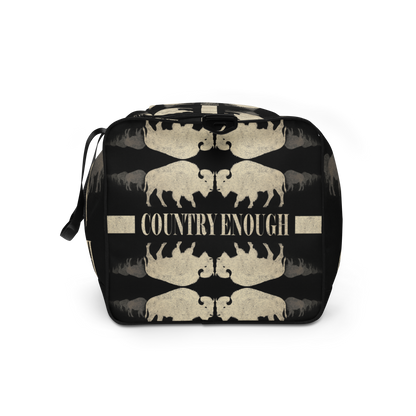 Duffel bag with graphic of mirrored bison and the words country enough #black