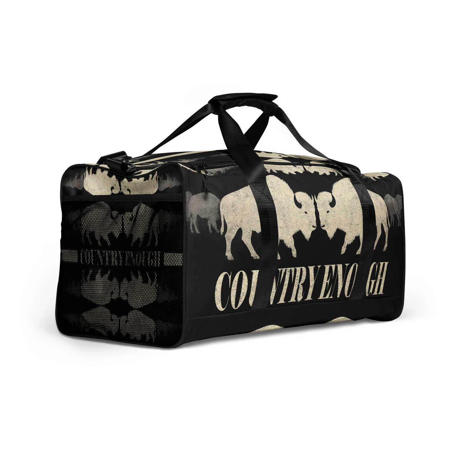 Duffel bag with graphic of mirrored bison and the words country enough #black