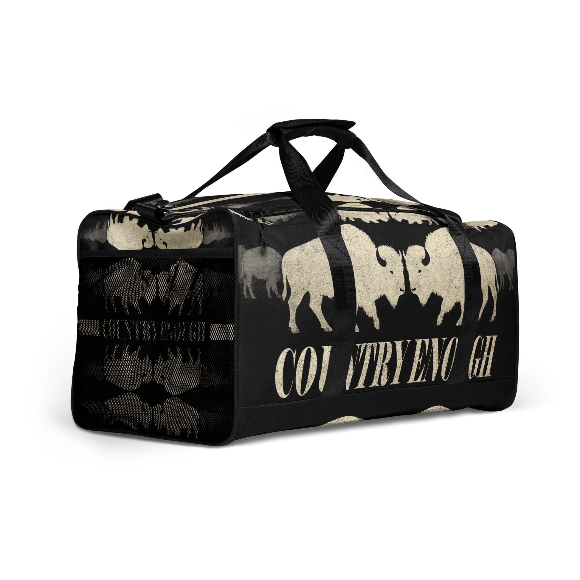Duffel bag with graphic of mirrored bison and the words country enough #black