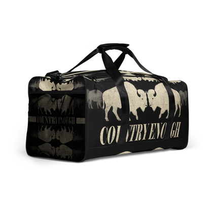 Duffel bag with graphic of mirrored bison and the words country enough #black