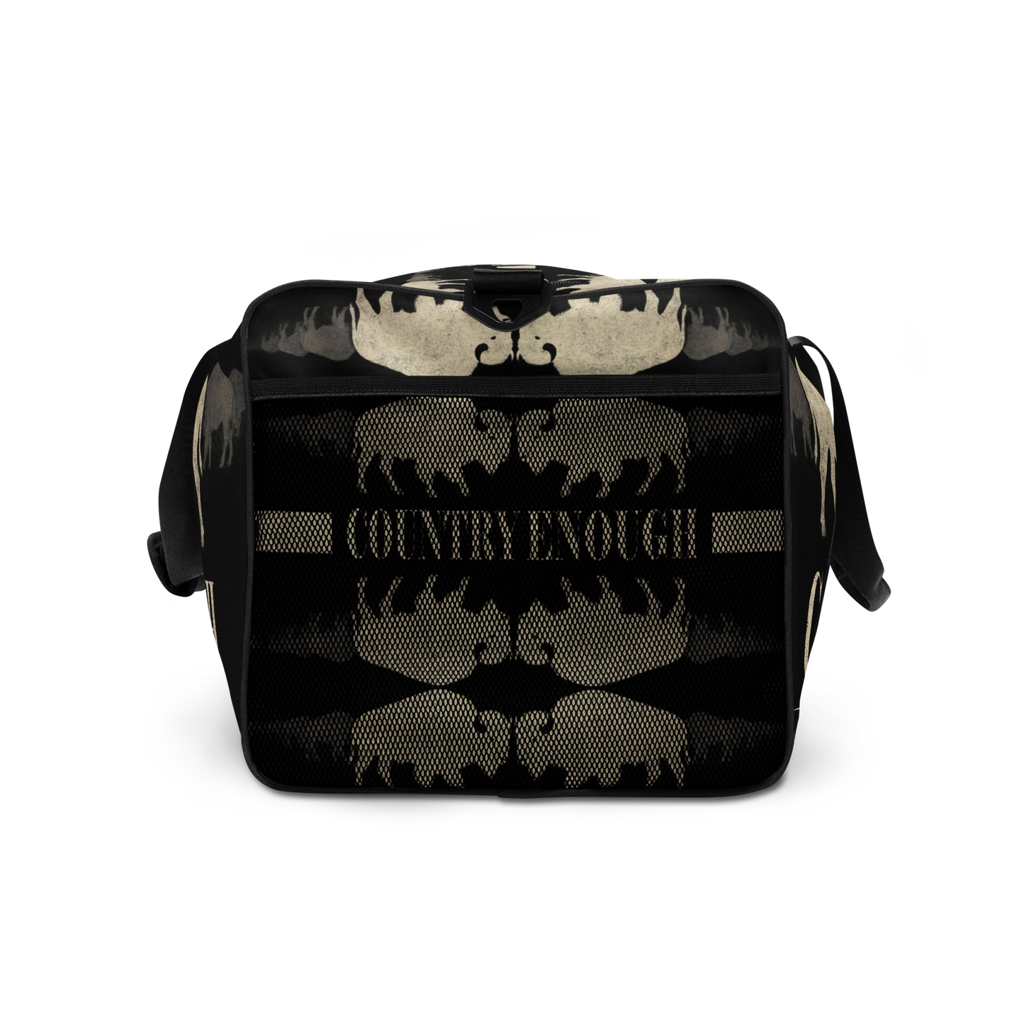 Duffel bag with graphic of mirrored bison and the words country enough #black