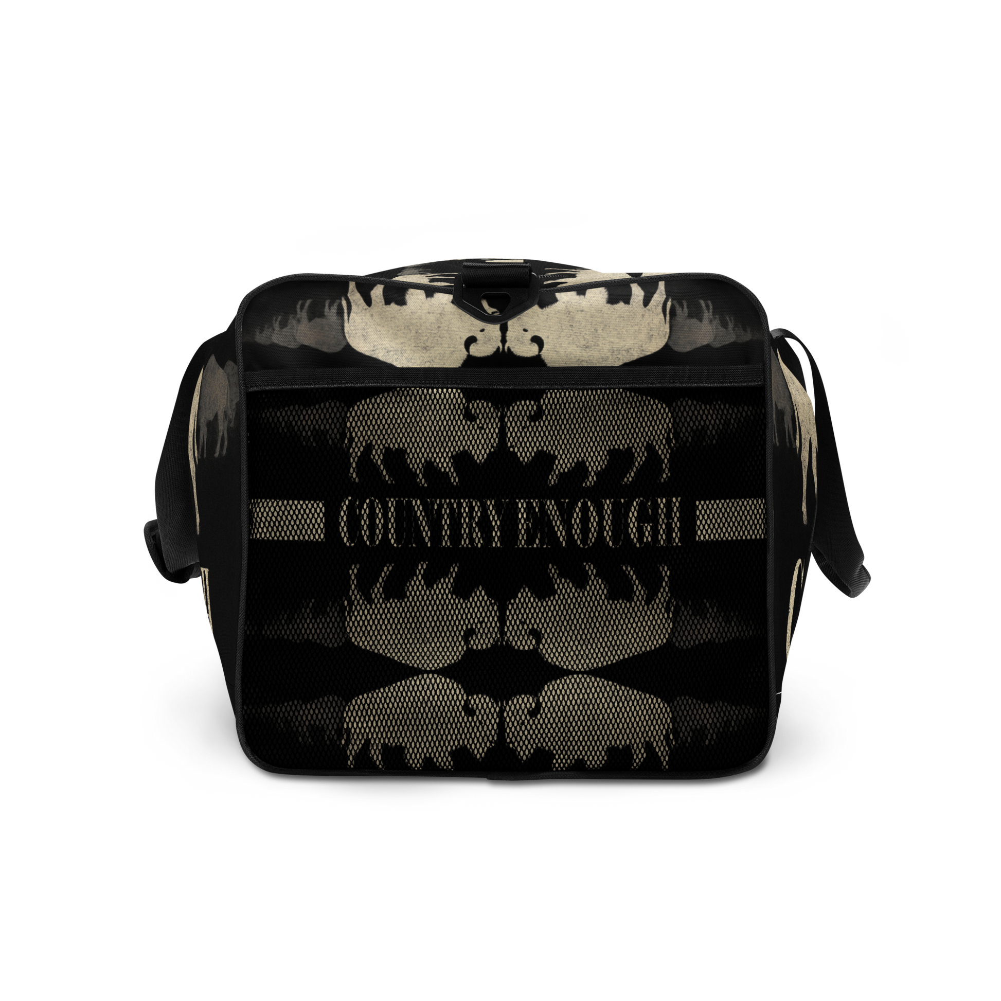 Duffel bag with graphic of mirrored bison and the words country enough #black