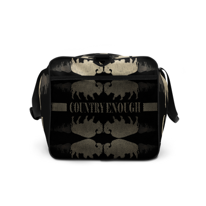 Duffel bag with graphic of mirrored bison and the words country enough #black