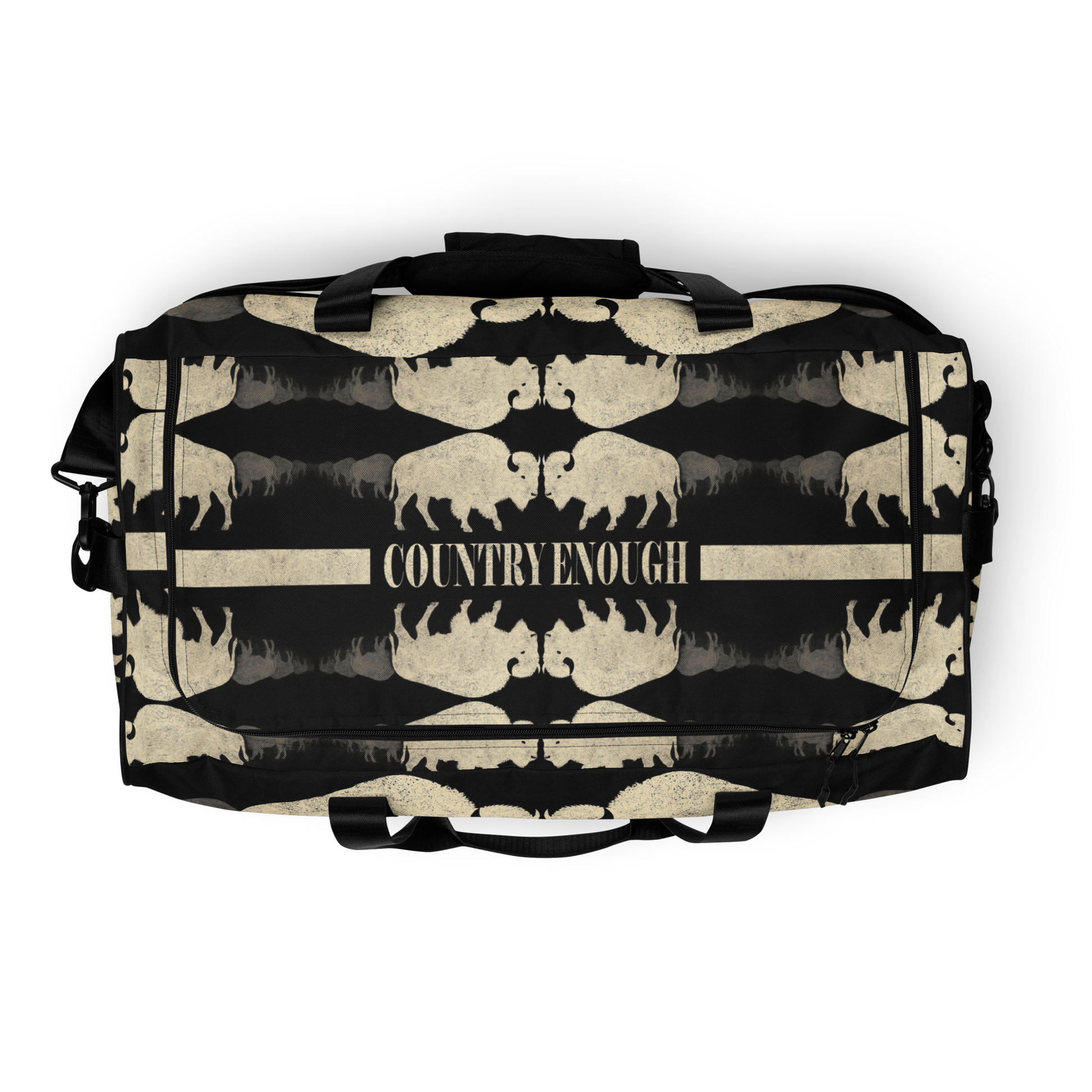 Duffel bag with graphic of mirrored bison and the words country enough #black