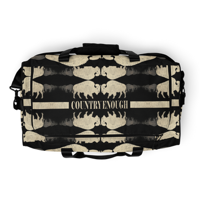 Duffel bag with graphic of mirrored bison and the words country enough #black