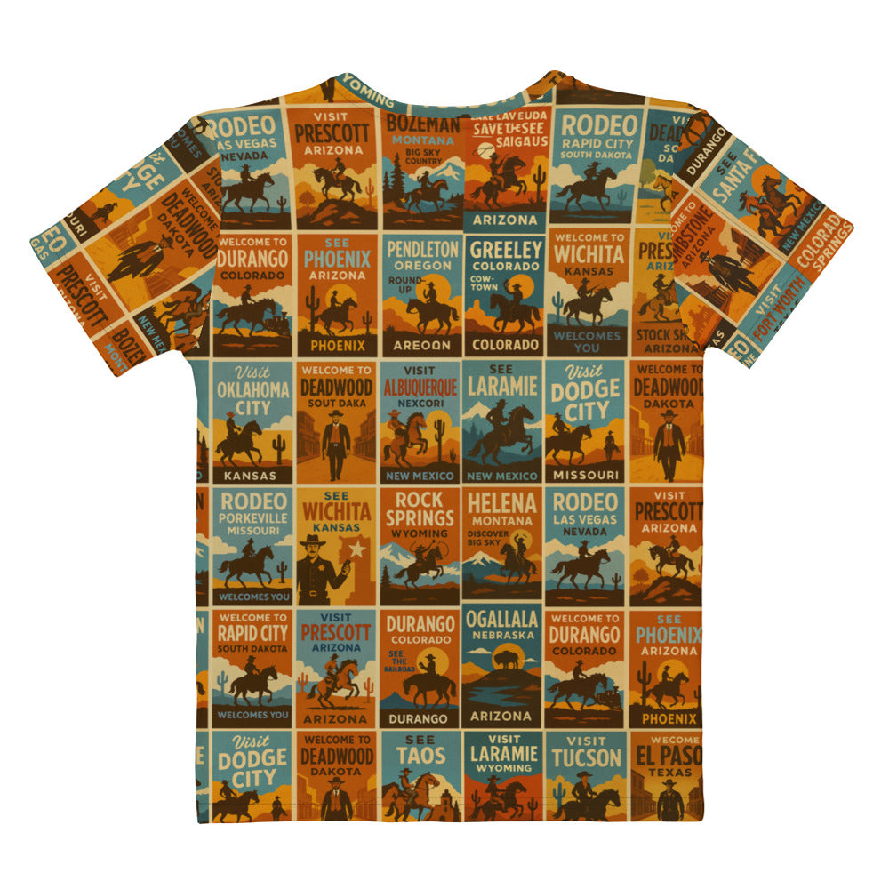 Multicolor western t-shirt with all over print graphic of a collage of western rodeo posters #multicolor