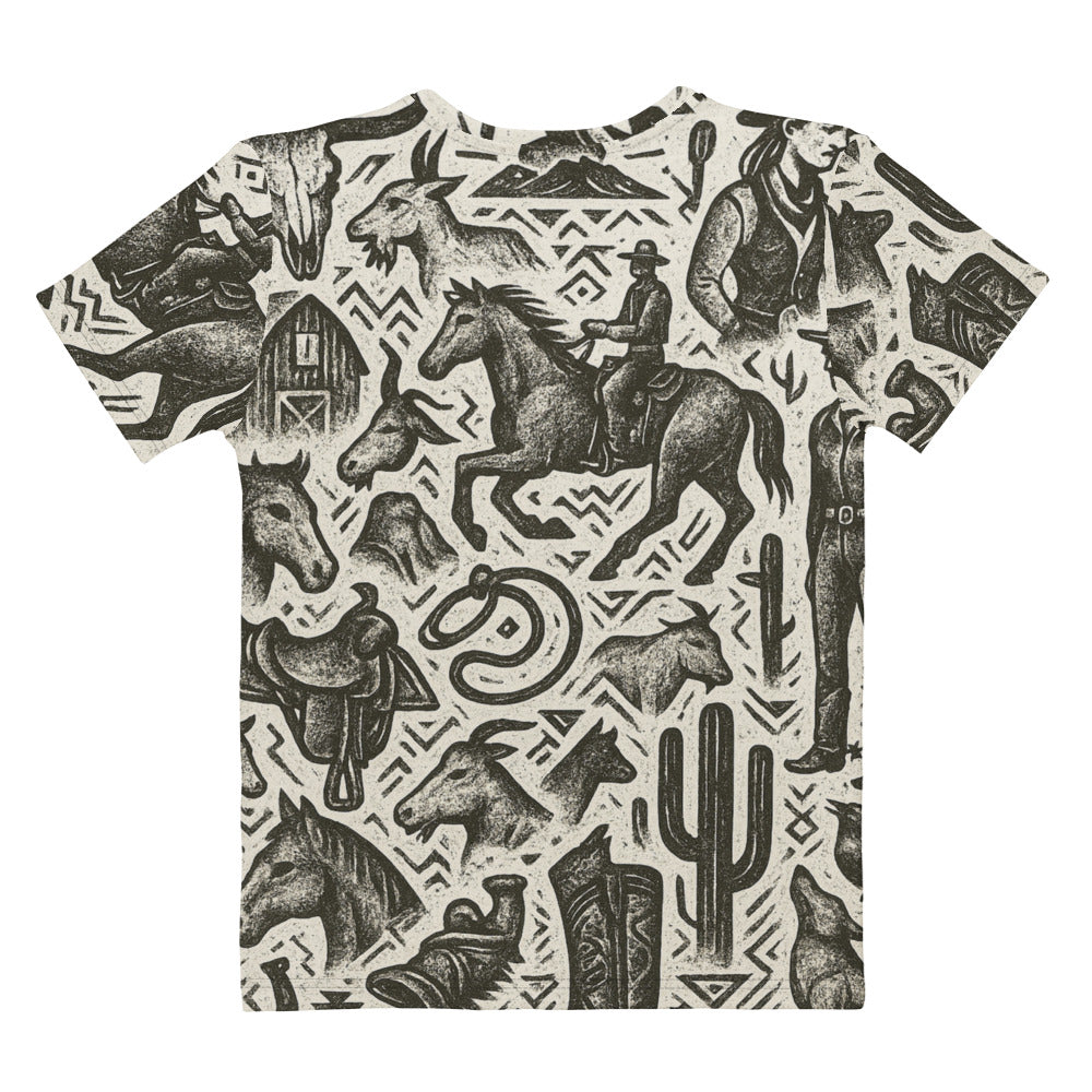 Multicolor t-shirt with graphic of western horses, cowgirls, rams, cacti, and more #multicolor