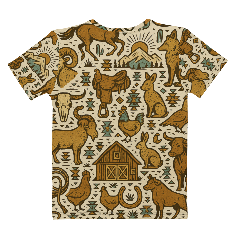 t-shirt with graphic of western horses, cowgirls, rams, cacti, and more